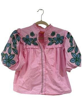 THML Pink Ruffle Collar Blouse with Green Embroidery
